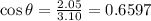 \cos \theta = \frac{2.05}{3.10}  = 0.6597