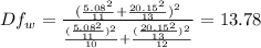 Df_w= \frac{(\frac{5.08^2}{11} +\frac{20.15^2}{13} )^2}{\frac{(\frac{5.08^2}{11})^2 }{10} +\frac{(\frac{20.15^2}{13} )^2}{12} } = 13.78