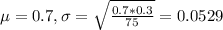 \mu = 0.7, \sigma = \sqrt{\frac{0.7*0.3}{75}} = 0.0529