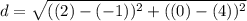 d=\sqrt{((2)-(-1))^{2}+((0)-(4))^{2} }
