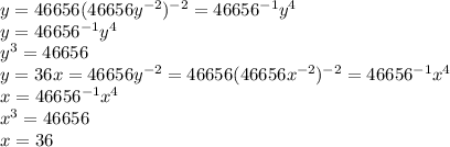 y=46656(46656y^{-2})^{-2}=46656^{-1}y^{4}\\y=46656^{-1}y^{4}\\y^3=46656\\y=36x=46656y^{-2}=46656(46656x^{-2})^{-2}=46656^{-1}x^{4}\\x=46656^{-1}x^{4}\\x^3=46656\\x=36