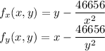 f_x(x,y)= y-\dfrac{46656}{x^2}\\f_y(x,y)= x-\dfrac{46656}{y^2}