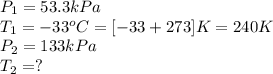 P_1=53.3kPa\\T_1=-33^oC=[-33+273]K=240K\\P_2=133kPa\\T_2=?