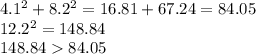 4.1^2 + 8.2^2 = 16.81 + 67.24 = 84.05\\12.2^2 = 148.84\\148.84  84.05