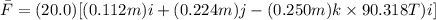 \bar F = (20.0)[(0.112m)i +(0.224m)j-(0.250m)k \times 90.318T)i]
