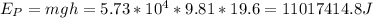 E_P = mgh = 5.73*10^4*9.81*19.6 = 11017414.8 J