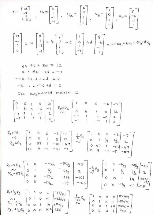 Write Bold x as the sum of two vectors, one in Span StartSet Bold u 1 comma Bold u 2 comma Bold u 3