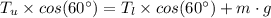 T_u \times  cos(60^{\circ}) = T_l \times  cos(60^{\circ}) + m \cdot g