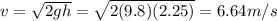 v=\sqrt{2gh}=\sqrt{2(9.8)(2.25)}=6.64 m/s