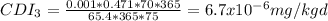CDI_{3} =\frac{0.001*0.471*70*365}{65.4*365*75} =6.7x10^{-6} mg/kgd