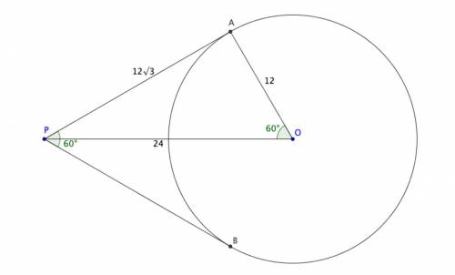 Two segments from P are tangent to circle O. If m angle P=60 and the radius of circle is 12 feet , f