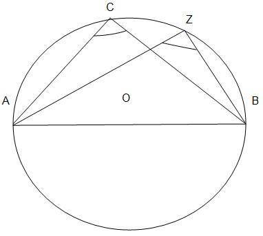 Inscribed shapes Angle C is inscribed in circle O. AB is a diameter of circle O. What is the measure