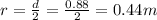 r=\frac{d}{2}=\frac{0.88}{2}=0.44m