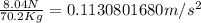 \frac{8.04N}{70.2Kg} = 0.1130801680m/s^2