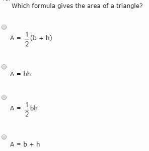 Which formula gives the area of a triangle?