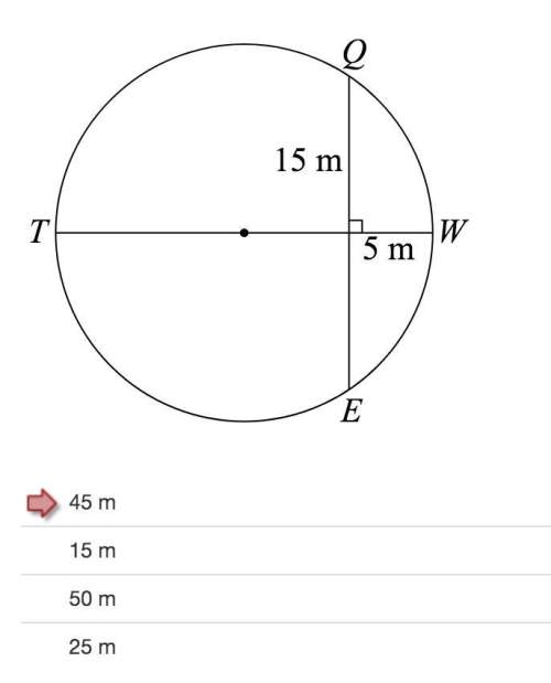 Tw is a perpendicular bisector of chord qe. identify the diameter. the answer with the red arrow is