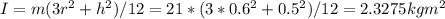 I = m(3r^2 + h^2)/12 = 21*(3*0.6^2 + 0.5^2)/12 = 2.3275 kg m^2