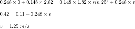 0.248 \times 0+0.148\times 2.82 = 0.148\times 1.82 \times sin \ 25^{\circ} + 0.248\times v\\\\0.42=0.11+0.248 \times v\\\\v=1.25\ m/s