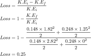 Loss =\dfrac{K.E_i-K.E_f}{K.E_i}\\\\Loss=1-\dfrac{K.E_f}{K.E_i}\\\\Loss=1-\dfrac{\dfrac{0.148\times1.82^2}{2}+\dfrac{0.248 \times 1.25^2}{2}}{\dfrac{0.148\times 2.82^2}{2}+\dfrac{0.248\times 0^2}{2}}\\\\Loss =0.25