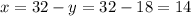 x = 32 - y = 32 - 18 = 14