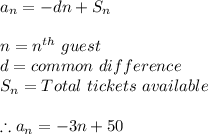 a_n=-dn+S_n\\\\n= n^{th} \ guest\\d=common \ difference\\S_n=Total \ tickets \ available\\\\\therefore a_n=-3n+50