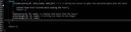 Write a C program (doublecopy) that allows a user to extract some part of an existing file (fileSour