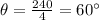 \theta=\frac{240}{4}=60^{\circ}