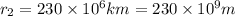 r_2=230\times 10^6km=230\times 10^9m