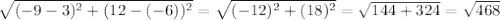 \sqrt{(-9-3)^2+(12-(-6))^2}=\sqrt{(-12)^2+(18)^2} =\sqrt{144+324} =\sqrt{468}