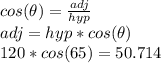 cos(\theta)=\frac{adj}{hyp} \\adj = hyp  * cos(\theta)\\120*cos(65) = 50.714