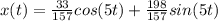 x(t) = \frac{33}{157} cos(5t) + \frac{198}{157} sin(5t)