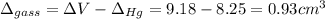 \Delta_{gass}=\Delta V-\Delta_{Hg}=9.18-8.25=0.93 cm^3