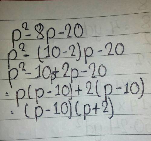 Factor p2 - 8 p - 20.  (p - 4)(p + 5)  (p + 10)(p - 2) (p - 10)(p + 2)