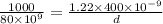 \frac{1000}{80\times 10^9}=\frac{1.22\times 400\times 10^{-9}}{d}