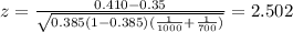 z=\frac{0.410-0.35}{\sqrt{0.385(1-0.385)(\frac{1}{1000}+\frac{1}{700})}}=2.502