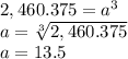 2,460.375=a^3\\a=\sqrt[3]{2,460.375} \\a=13.5