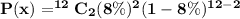 \mathbf{P(x) = ^{12}C_2 (8\%)^2 (1 - 8\%)^{12 -2}}