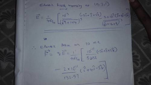 Point charges 1 mC and −2 mC are located at (3, 2, −1) and (−1, −1, 4), respectively. Calculate the
