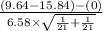 \frac{(9.64-15.84)-(0)}{6.58 \times \sqrt{\frac{1}{21}+\frac{1}{21}  } }