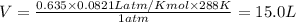 V=\frac{0.635\times 0.0821L atm/K mol\times 288K}{1atm}=15.0L