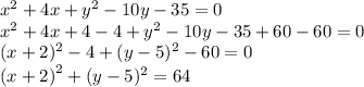 x ^ 2 + 4x + y ^ 2 - 10y - 35 = 0 \\  {x}^{2}  + 4x + 4  - 4 +  {y}^{2}  - 10y - 35  + 60  - 60 = 0 \\ (x + 2) ^{2}  - 4 + (y - 5) ^{2}  - 60 = 0 \\  {( x+ 2)}^{2}  + (y - 5) ^{2}  = 64