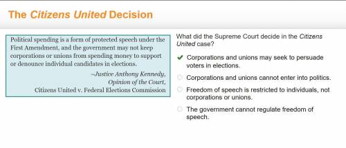 What did the Supreme Court decide in the Citizens United case? A. Corporations and unions may seek t