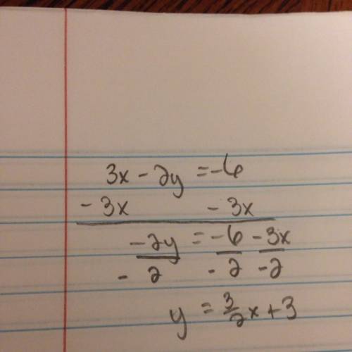 How would you convert 3x- 2y = -6 into a y= mx+ b equation.