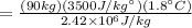 = \frac{(90kg)(3500J/kg^{\circ})(1.8^{\circ}C)}{2.42\times 10^6J/kg}
