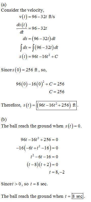 A ball is thrown upward from a height of 256 feet above the ground, with an initial velocity of 96 f