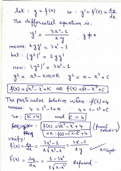 Let y=f(x) be the particular solution to the differential equation dy/dx=(3x^2−1)/2y with the initia