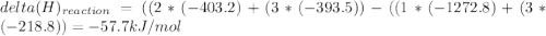 delta(H)_{reaction} =((2*(-403.2)+(3*(-393.5))-((1*(-1272.8)+(3*(-218.8))=-57.7kJ/mol