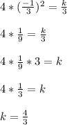 4*(\frac{-1}{3})^{2}=\frac{k}{3}\\\\4*\frac{1}{9}=\frac{k}{3}\\\\4*\frac{1}{9}*3=k\\\\4*\frac{1}{3}=k\\\\k=\frac{4}{3}