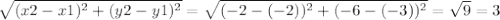\sqrt{(x2-x1)^2+(y2-y1)^2} = \sqrt{(-2 -(-2))^2+(-6 -(-3))^2} = \sqrt{9} = 3