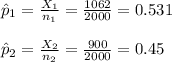 \hat p_{1}=\frac{X_{1}}{n_{1}}=\frac{1062}{2000}=0.531\\\\\hat p_{2}=\frac{X_{2}}{n_{2}}=\frac{900}{2000}=0.45